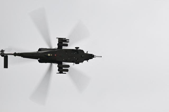 A prototype of Combat Helicopter AW249 Fenice of Italian aerospace, defence and security company Leonardo flies during the opening day of International Aerospace Exhibition (ILA) in Schoenefeld, near Berlin on June 10, 2026. (Photo by RALF HIRSCHBERGER / AFP)