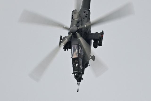 A prototype of Combat Helicopter AW249 Fenice of Italian aerospace, defence and security company Leonardo flies downard during the opening day of International Aerospace Exhibition (ILA) in Schoenefeld, near Berlin on June 10, 2026. (Photo by RALF HIRSCHBERGER / AFP)
