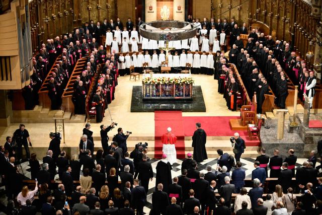 Pope Leo XIV takes part in the recitation of the Rosary at the Abbey of Our Lady of Montserrat, near Barcelona, on June 10, 2026. Pope Leo XIV is visiting Spain June 6-12 with stops in Madrid, Barcelona, and the Canary Islands, where he will meet with migrants and organisations dedicated to helping them. (Photo by Ander Gillenea / AFP)