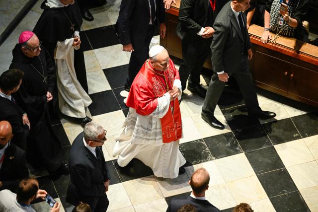 Pope Leo XIV arrives for a recitation of the Rosary at the Abbey of Our Lady of Montserrat, near Barcelona, on June 10, 2026. Pope Leo XIV is visiting Spain June 6-12 with stops in Madrid, Barcelona, and the Canary Islands, where he will meet with migrants and organisations dedicated to helping them. (Photo by ANDER GILLENEA / AFP)