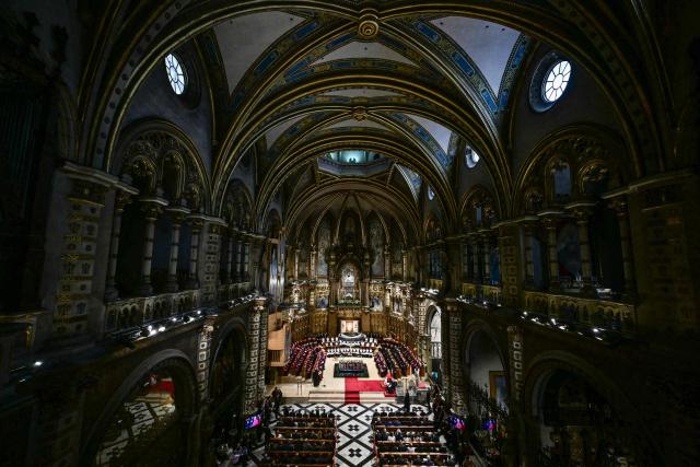 General view as Pope Leo XIV takes part in the recitation of the Rosary at the Abbey of Our Lady of Montserrat, near Barcelona, on June 10, 2026. Pope Leo XIV is visiting Spain June 6-12 with stops in Madrid, Barcelona, and the Canary Islands, where he will meet with migrants and organisations dedicated to helping them. (Photo by Stefano RELLANDINI / AFP)