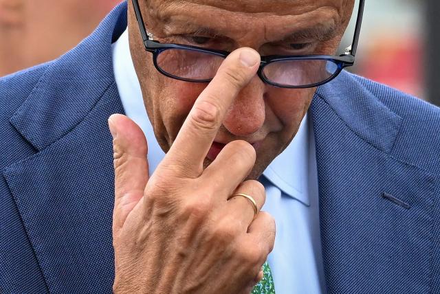 German Chancellor Friedrich Merz gestures during a visit to the opening day of International Aerospace Exhibition (ILA) in Schoenefeld, near Berlin on June 10, 2026. (Photo by RALF HIRSCHBERGER / AFP)