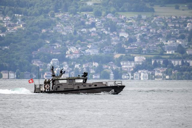 This photograph shows a Swiss military boat patrolling on Lake Geneva ahead of the upcoming G7 summit set to take place near Evian, in Lausanne, on June 10, 2026. (Photo by Fabrice COFFRINI / AFP)