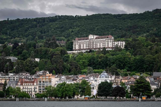 This photograph shows the Hotel Royal overlooking Evian, which will host the upcoming G7 summit, on June 10, 2026. (Photo by Fabrice COFFRINI / AFP)