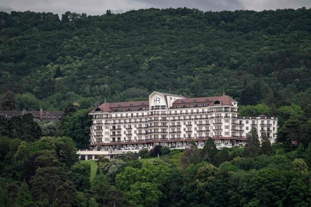 This photograph shows the Hotel Royal overlooking Evian, which will host the upcoming G7 summit, on June 10, 2026. (Photo by Fabrice COFFRINI / AFP)
