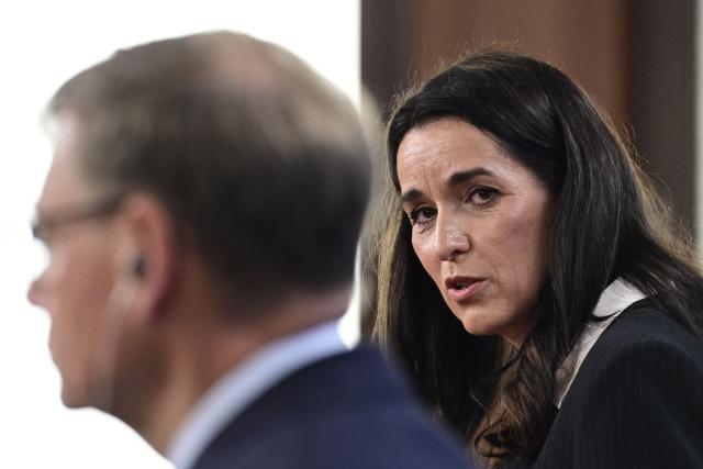 Hungary's Foreign Affairs Minister Anita Orban (R) looks at German Foreign Minister Johann Wadephul as she speaks during a joint press conference after talks in Berlin, on June 10, 2026. (Photo by John MACDOUGALL / AFP)