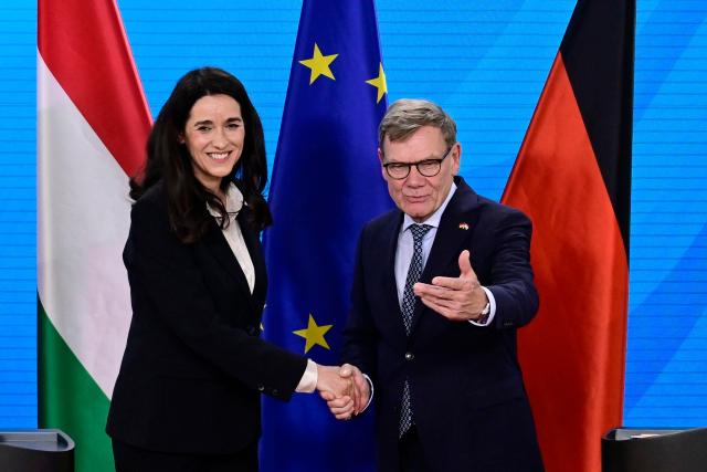 Hungary's Foreign Affairs Minister Anita Orban (L) and German Foreign Minister Johann Wadephul (R) shake hands after a joint press conference following talks in Berlin, on June 10, 2026. (Photo by John MACDOUGALL / AFP)