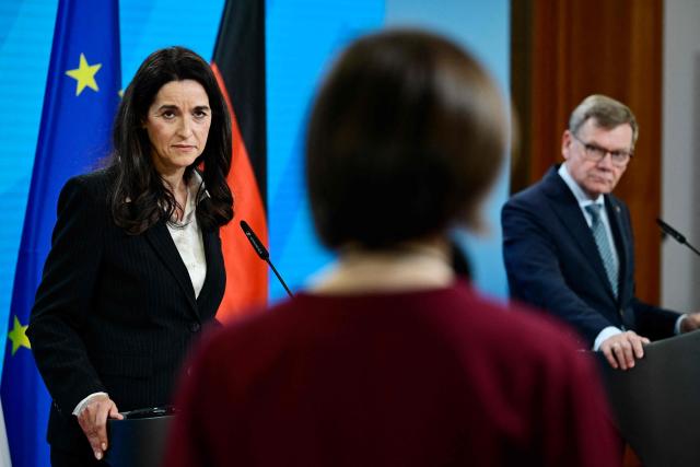 Hungary's Foreign Affairs Minister Anita Orban (L) and German Foreign Minister Johann Wadephul (R) answer questions from the press after talks in Berlin, on June 10, 2026. (Photo by John MACDOUGALL / AFP)