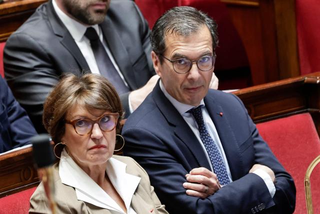 France's Agriculture Minister Annie Genevard (L) and France's Labour Minister Jean-Pierre Farandou attend a session of questions to the government at The National Assembly, France's lower house of parliament in Paris on June 10, 2026. (Photo by STEPHANE DE SAKUTIN / AFP)