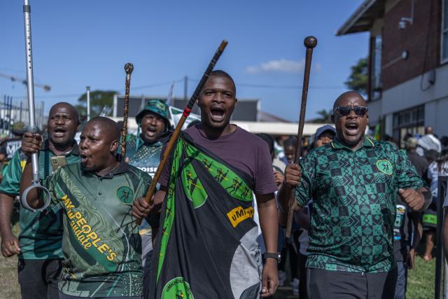 Supporters of the uMkhonto we Sizwe (MK) Party sing and chant slogans as they march in protest in Durban on June 10, 2026. (Photo by RAJESH JANTILAL / AFP)