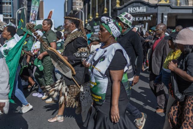 Supporters of the uMkhonto we Sizwe (MK) Party march through the streets of central Durban during a protest march in Durban on June 10, 2026. (Photo by RAJESH JANTILAL / AFP)
