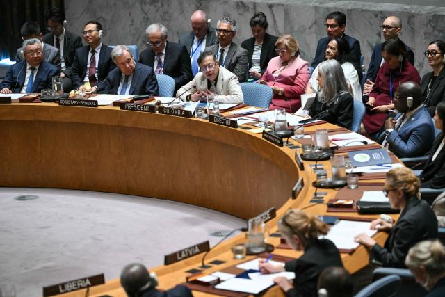 President of Colombia Gustavo Petro speaks during a United Nations Security Council meeting on the Middle East, at UN Headquarters in New York, on June 10, 2026. Colombian President Gustavo Petro is in New York to chair the UN open debate on the Middle East. (Photo by ANGELA WEISS / AFP)