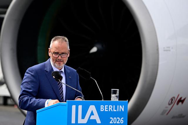 Michael Schoellhorn, CEO at Airbus Defence and Space, speaks at the International Aerospace Exhibition (ILA) in Schoenefeld, near Berlin on June 10, 2026. (Photo by Tobias SCHWARZ / AFP)