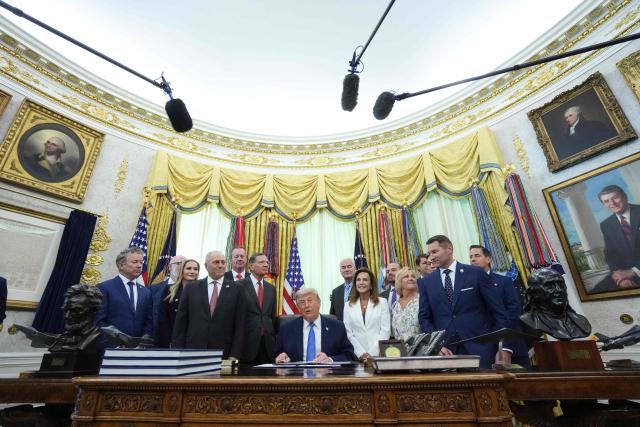 US President Donald Trump speaks during a signing ceremony for the "Secure America Act" in the Oval Office of the White House in Washington, DC, on June 10, 2026. The Secure America Act is a federal budget reconciliation bill that secures funding for the US Customs and Border Protection (CBP) and US Immigration and Customs Enforcement (ICE) through 2029. (Photo by Ken Cedeno / AFP)