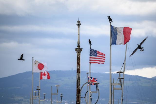 Cormorants flies past the flags of G7 member countries in Evian, central-eastern France on June 10, 2026. (Photo by Fabrice COFFRINI / AFP)
