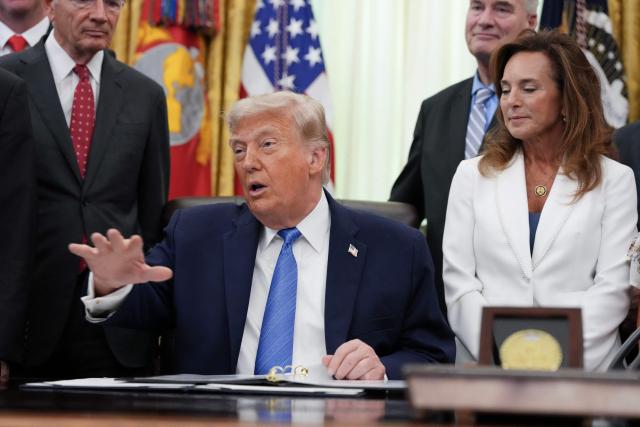 US President Donald Trump speaks during a signing ceremony for the "Secure America Act" in the Oval Office of the White House in Washington, DC, on June 10, 2026. The bill provides around $38 billion for Immigration and Customs Enforcement (ICE), $26 billion for Border Patrol and another $5 billion for unforeseen costs, effectively ensuring a steady flow of money for Trump's deportation agenda through fiscal 2029. (Photo by Ken Cedeno / AFP)