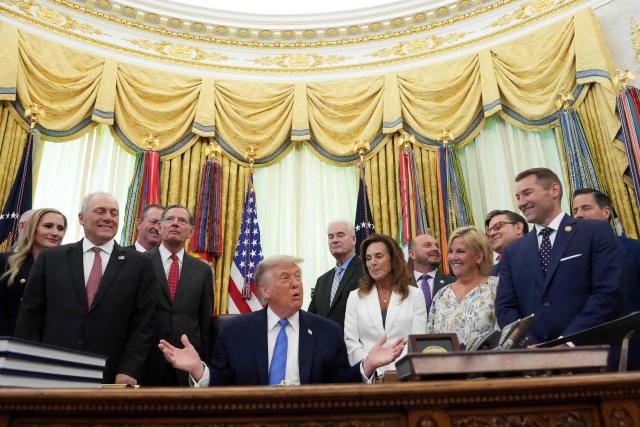 US President Donald Trump speaks during a signing ceremony for the "Secure America Act" in the Oval Office of the White House in Washington, DC, on June 10, 2026. The bill provides around $38 billion for Immigration and Customs Enforcement (ICE), $26 billion for Border Patrol and another $5 billion for unforeseen costs, effectively ensuring a steady flow of money for Trump's deportation agenda through fiscal 2029. (Photo by Ken Cedeno / AFP)