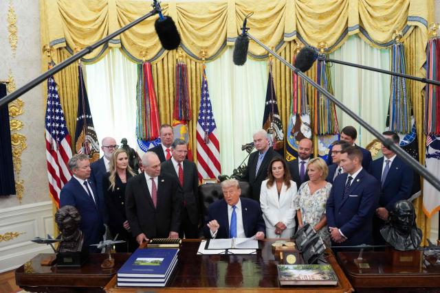 US President Donald Trump speaks during a signing ceremony for the "Secure America Act" in the Oval Office of the White House in Washington, DC, on June 10, 2026. The bill provides around $38 billion for Immigration and Customs Enforcement (ICE), $26 billion for Border Patrol and another $5 billion for unforeseen costs, effectively ensuring a steady flow of money for Trump's deportation agenda through fiscal 2029. (Photo by Ken Cedeno / AFP)