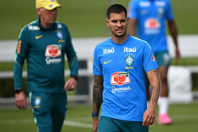 Brazil's midfielder #08 Bruno Guimaraes takes part in a training session ahead of Brazil's 2026 FIFA World Cup Group C football match against Morocco in Morris Township on June 10, 2026. (Photo by MAURO PIMENTEL / AFP)