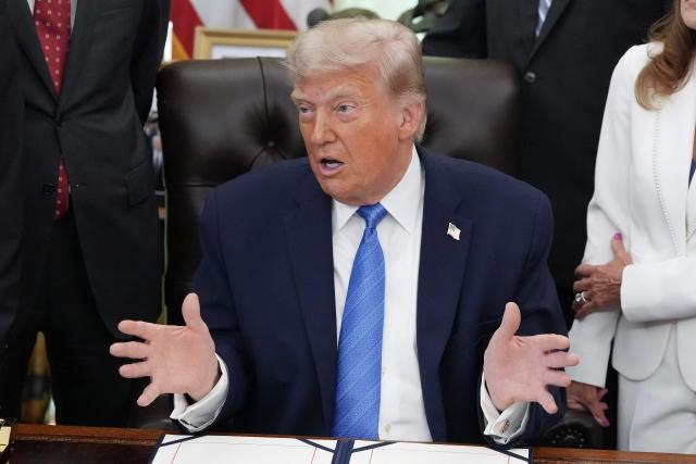 US President Donald Trump speaks during a signing ceremony for the "Secure America Act" in the Oval Office of the White House in Washington, DC, on June 10, 2026. The bill provides around $38 billion for Immigration and Customs Enforcement (ICE), $26 billion for Border Patrol and another $5 billion for unforeseen costs, effectively ensuring a steady flow of money for Trump's deportation agenda through fiscal 2029. (Photo by Ken Cedeno / AFP)
