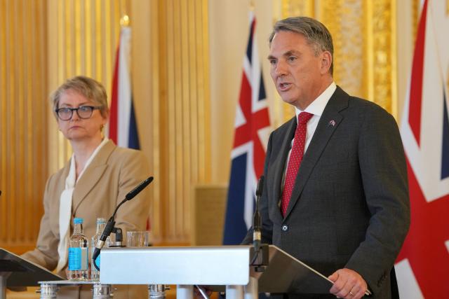Britain's Foreign Secretary Yvette Cooper (L) and Australia's Deputy Prime Minister and Minister for Defence Richard Marles, attend a joint press conference during the annual Australia-UK Ministerial Consultations (AUKMIN) meeting at Lancaster House in London on June 10, 2026. (Photo by Kin Cheung / POOL / AFP)