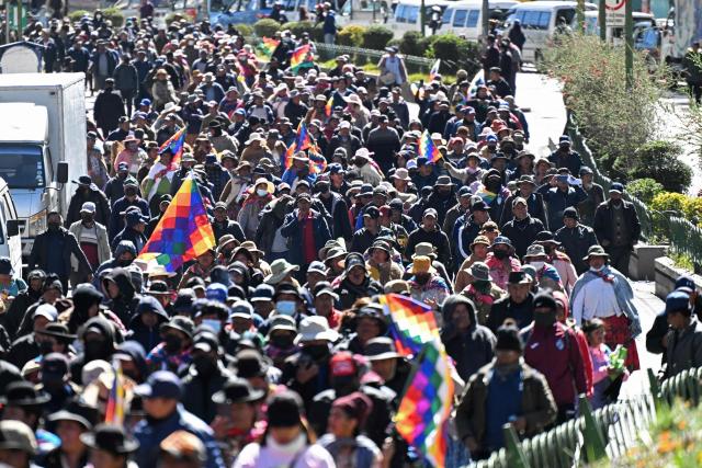 Demonstrators march to protest against the government of Bolivia's President Rodrigo Paz in La Paz on June 10, 2026. For weeks, protesters demanding that US-backed conservative President Rodrigo Paz's fledgling government address a deep economic crisis, while others called for his resignation, have marched and set up roadblocks, bringing Bolivia to a near standstill, driving up food and fuel prices and causing shortages of basic goods. (Photo by MARVIN RECINOS / AFP)