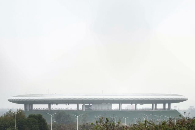 A photo shows the Guadalajara Stadium, which will host matches of the 2026 World Cup football tournament, as seen under the rain in Zapopan, Jalisco state, Mexico, on June 10, 2026. (Photo by Ulises Ruiz / AFP)