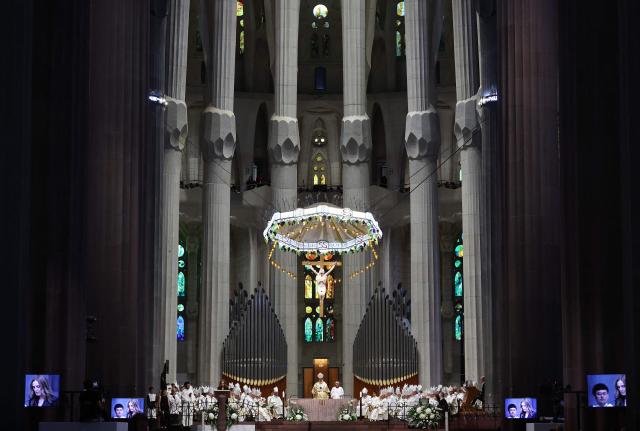 Pope Leo XIV leads Holy Mass in the Basilica of the Sagrada Familia in Barcelona, on June 10, 2026. Pope Leo XIV is visiting Spain June 6-12 with stops in Madrid, Barcelona, and the Canary Islands, where he will meet with migrants and organisations dedicated to helping them. (Photo by Josep LAGO / AFP)