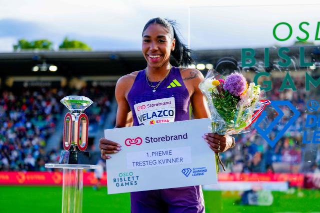 Cuba's Davisleidis Velazco celebrates winning the Women's Triple Jump event of the Olso Diamond League athletics meeting in Oslo, Norway, on June 10, 2026. (Photo by Beate Oma Dahle / NTB / AFP) / Norway OUT