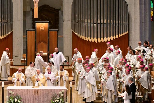 Spain's Felipe VI and Queen Letizia (down,R) attend a Holy Mass led by Pope Leo XIV (3L) in the Basilica of the Sagrada Familia and the inauguration of the Jesus Christ tower in Barcelona, on June 10, 2026. Pope Leo XIV is visiting Spain June 6-12 with stops in Madrid, Barcelona, and the Canary Islands, where he will meet with migrants and organisations dedicated to helping them. (Photo by Stefano RELLANDINI / AFP)