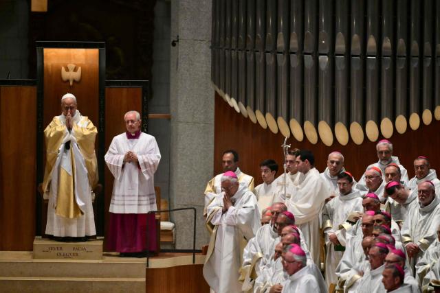 Pope Leo XIV (L) leads a Holy Mass in the Basilica of the Sagrada Familia and the inauguration of the Jesus Christ tower in Barcelona, on June 10, 2026. Pope Leo XIV is visiting Spain June 6-12 with stops in Madrid, Barcelona, and the Canary Islands, where he will meet with migrants and organisations dedicated to helping them. (Photo by Stefano RELLANDINI / AFP)