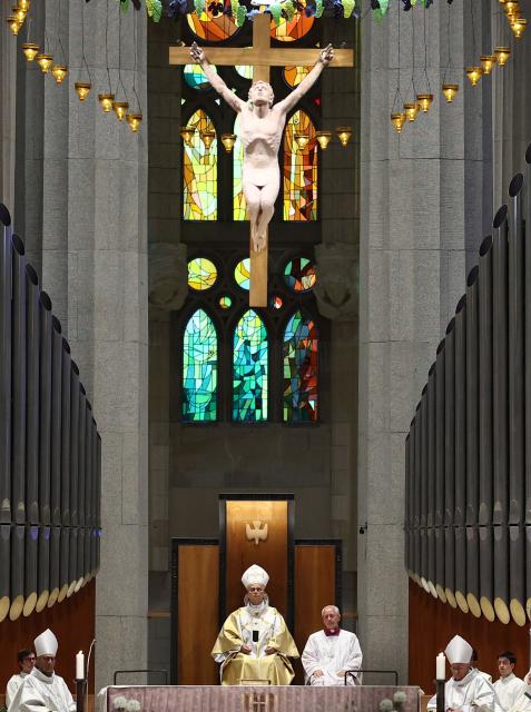 Pope Leo XIV leads Holy Mass in the Basilica of the Sagrada Familia in Barcelona, on June 10, 2026. Pope Leo XIV is visiting Spain June 6-12 with stops in Madrid, Barcelona, and the Canary Islands, where he will meet with migrants and organisations dedicated to helping them. (Photo by Josep LAGO / AFP)