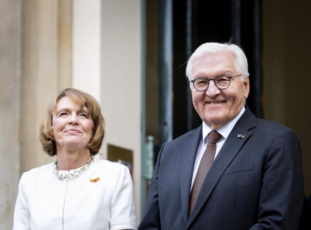 Germany's President Frank-Walter Steinmeier (R) and his wife Elke Budenbender stand prior to a musical performance at a reception at the German Ambassador's residence in The Hague on June 10, 2026, during his three-day state visit to the Netherlands. (Photo by Sem van der Wal / ANP / AFP) / Netherlands OUT