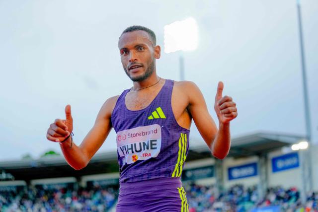 Ethiopia's Taye Addisu Yihune celebrates winning the Men's 5000 m run event of the Olso Diamond League athletics meeting in Oslo, Norway, on June 10, 2026. (Photo by Heiko Junge / NTB / AFP) / Norway OUT
