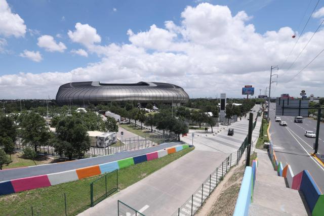 A photo shows the Monterrey stadium, which will host four matches of the 2026 World Cup football tournament, beside the Pablo Livas Avenue in Guadalupe, Nuevo Leon, Mexico, on June 10, 2026. (Photo by Julio Cesar AGUILAR / AFP)