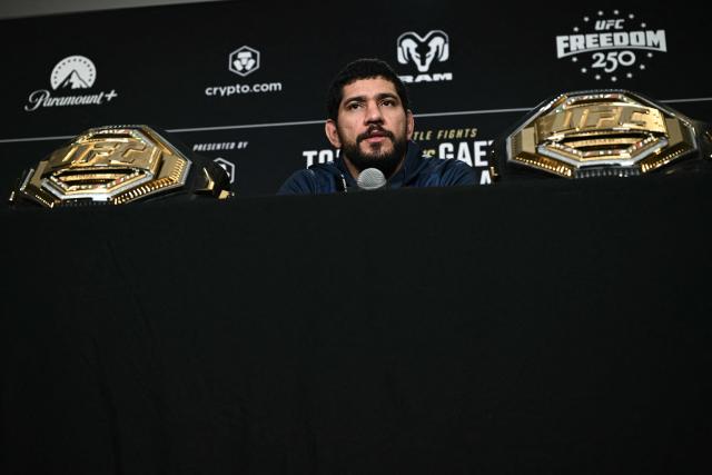 Brazilian mixed martial artist Alex Pereira speaks during media day for "UFC Freedom 250" in Washington, DC, on June 10, 2026. "UFC Freedom 250" is an mixed martial arts event that will take place on Sunday, June 14 on the South Lawn of the White House. US President Donald Trump will attend. (Photo by Brendan SMIALOWSKI / AFP)