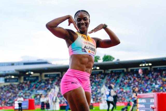 St Lucia's Julien Alfred celebrates winning the Women's 100 m run event of the Olso Diamond League athletics meeting in Oslo, Norway, on June 10, 2026. (Photo by Heiko Junge / NTB / AFP) / Norway OUT