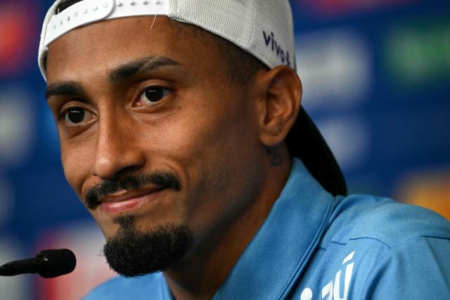 Brazil's forward Raphinha gives a press conference at The Ridge hotel in Basking Ridge, New Jersey on June 10, 2026, ahead of the 2026 World Cup football tournament. (Photo by MAURO PIMENTEL / AFP)