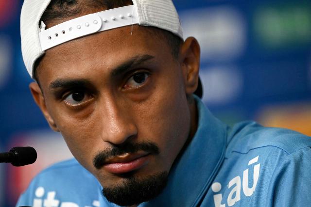 Brazil's forward Raphinha gives a press conference at The Ridge hotel in Basking Ridge, New Jersey on June 10, 2026, ahead of the 2026 World Cup football tournament. (Photo by MAURO PIMENTEL / AFP)