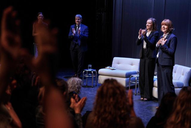 Gisele Pelicot (R) receives a standing ovation as she promotes her autobiography: "A Tribute to Life" at Noerrebro Theater in Copenhagen, Denmark, on June 10, 2026. "Et la joie de vivre" (published by Flammarion), written by Gisèle Pelicot, with journalist and novelist Judith Perrignon, was released on February 17, 2026. (Photo by Liselotte Sabroe / Ritzau Scanpix / AFP) / Denmark OUT