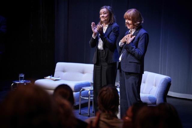 Gisele Pelicot (R) receives a standing ovation as she promotes her autobiography: "A Tribute to Life" at Noerrebro Theater in Copenhagen, Denmark, on June 10, 2026. "Et la joie de vivre" (published by Flammarion), written by Gisèle Pelicot, with journalist and novelist Judith Perrignon, was released on February 17, 2026. (Photo by Liselotte Sabroe / Ritzau Scanpix / AFP) / Denmark OUT