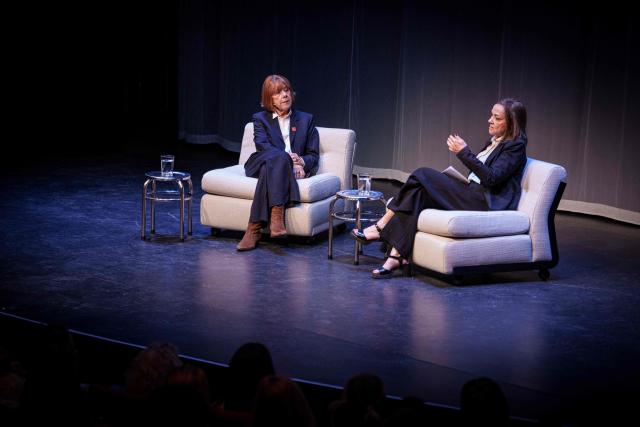 Gisele Pelicot (L) is interviewed as she promotes her autobiography: "A Tribute to Life" at Noerrebro Theater in Copenhagen, Denmark, on June 10, 2026. "Et la joie de vivre" (published by Flammarion), written by Gisèle Pelicot, with journalist and novelist Judith Perrignon, was released on February 17, 2026. (Photo by Liselotte Sabroe / Ritzau Scanpix / AFP) / Denmark OUT