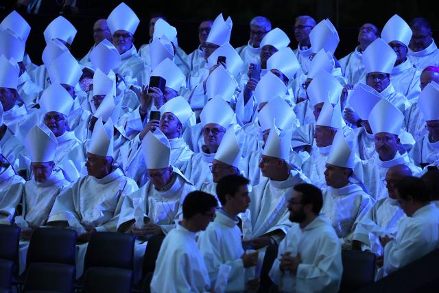 Bishops attend the inauguration of the Sagrada Famila Basilica's Jesus Christ tower by Pope Leo XIV in Barcelona, on June 10, 2026. Pope Leo XIV is visiting Spain June 6-12 with stops in Madrid, Barcelona, and the Canary Islands, where he will meet with migrants and organisations dedicated to helping them. (Photo by Josep LAGO / AFP)