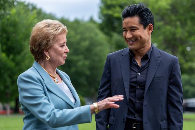US Secretary of Education Linda McMahon and US actor Mario Lopez speak on the grounds of the White House as they welcome the top three finalists of the Presidential 1776 Awards in Washington, DC on June 10, 2026. Trump is scheduled to meet with the finalists today. (Photo by Ken CEDENO / AFP)