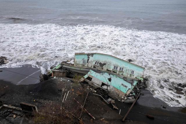Aerial view showing damage caused by rough seas ahead of the arrival of Storm Cristina in Iztapa, Guatemala on June 10, 2026. The countries of Central America remain on alert over the effects of Tropical Storm Cristina, which formed on June 8, 2026 in the Pacific Ocean, civil protection services reported. (Photo by Carlos ALONZO / AFP)