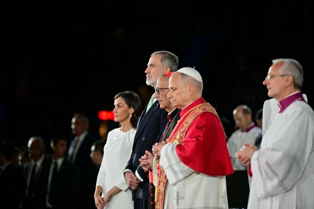 Pope Leo XIV, Spain's Felipe VI and Queen Letizia attend the inauguration of the Jesus Christ tower in Barcelona, on June 10, 2026. Pope Leo XIV is visiting Spain June 6-12 with stops in Madrid, Barcelona, and the Canary Islands, where he will meet with migrants and organisations dedicated to helping them. (Photo by Stefano RELLANDINI / AFP)
