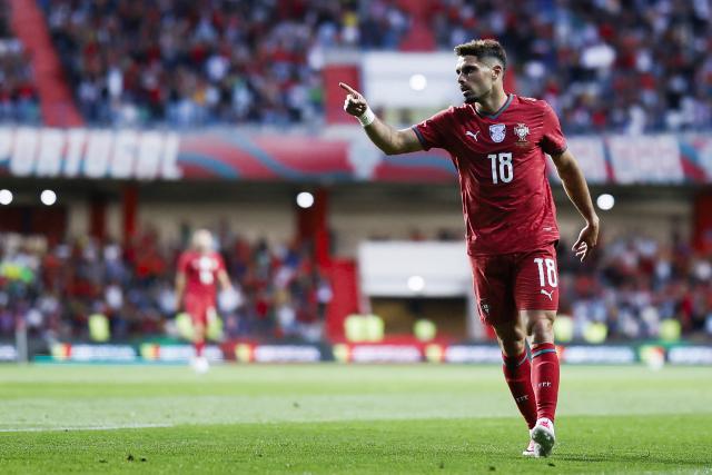 Portugal's midfielder #18 Pedro Neto celebrates scoring the opening goal during the international friendly football match between Portugal and Nigeria at Magalhaes Pessoa Stadium in Leiria, on June 10, 2026. (Photo by FILIPE AMORIM / AFP)