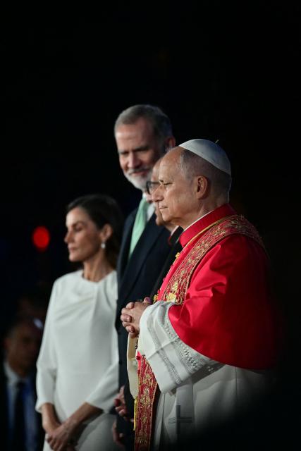 Pope Leo XIV, Spain's Felipe VI and Queen Letizia attend the inauguration of the Jesus Christ tower in Barcelona, on June 10, 2026. Pope Leo XIV is visiting Spain June 6-12 with stops in Madrid, Barcelona, and the Canary Islands, where he will meet with migrants and organisations dedicated to helping them. (Photo by Stefano RELLANDINI / AFP)