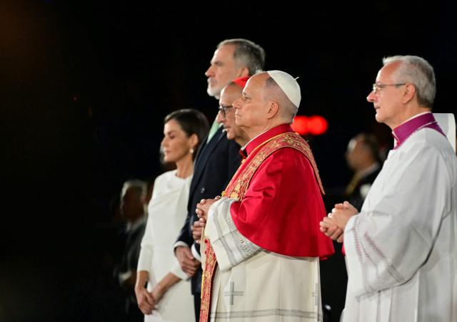 Pope Leo XIV, Spain's Felipe VI and Queen Letizia attend the inauguration of the Jesus Christ tower in Barcelona, on June 10, 2026. Pope Leo XIV is visiting Spain June 6-12 with stops in Madrid, Barcelona, and the Canary Islands, where he will meet with migrants and organisations dedicated to helping them. (Photo by Stefano RELLANDINI / AFP)