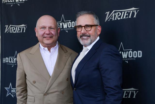 Illumination founder and CEO Chris Meledandri (L) and US actor Steve Carell attends the Hollywood Walk of Fame Star Ceremony for Meledandri on June 10, 2026 in Hollywood, California. (Photo by VALERIE MACON / AFP)